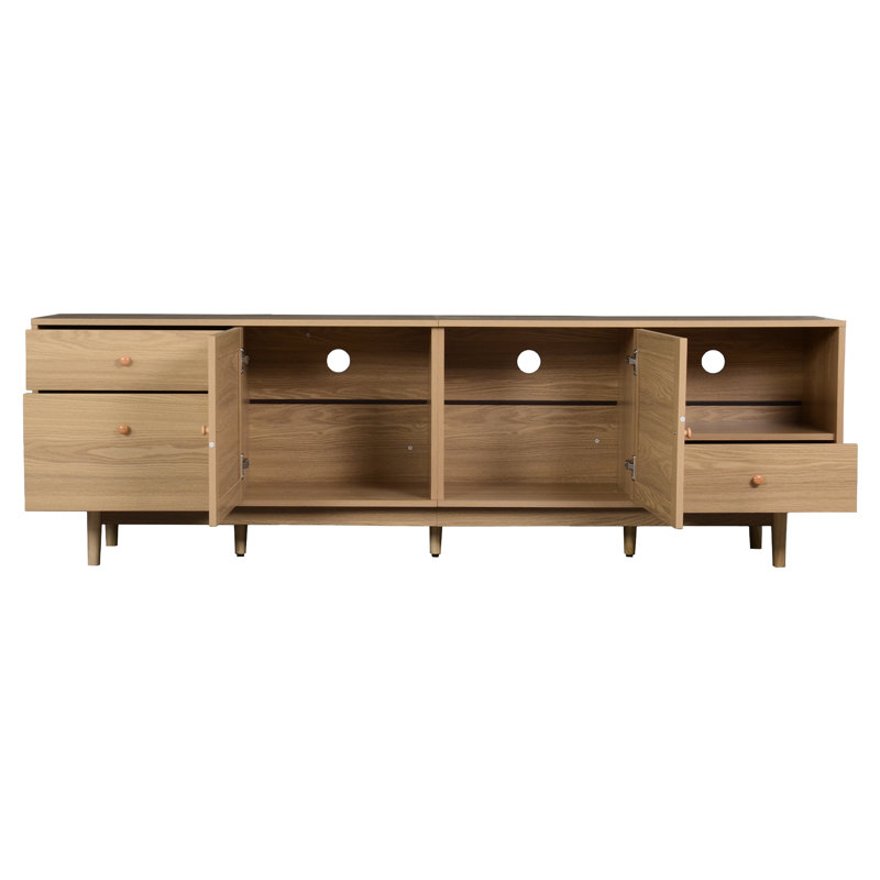 Meuble télé de 85 po avec finition en bois véritable et moderne et options de rangement polyvalentes pour les téléviseurs, les portes et la disposition réfléchie