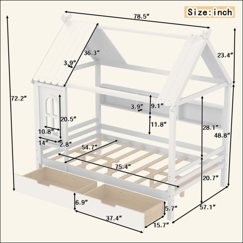 Lits avec tiroirs de rangement et fenêtre, structure de lit plateforme en bois massif avec tablettes, pour enfants, sans sommier et conception enfantine