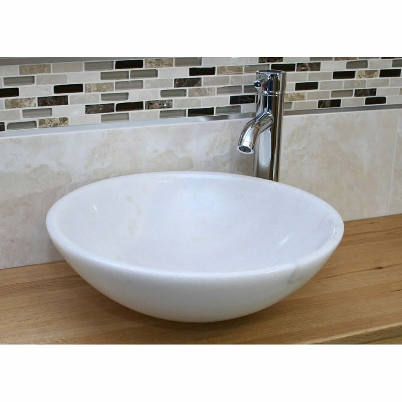 Belfry Bathroom Berrin 430mm Stone Round Countertop Basin Bathroom Sink with Faucet, White Marble