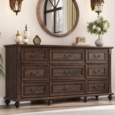 63" Farmhouse 9 Drawer Wood Dresser For Bedroom With 6 Solid Wood Feet And Roman Column Decor by Charlton Home
