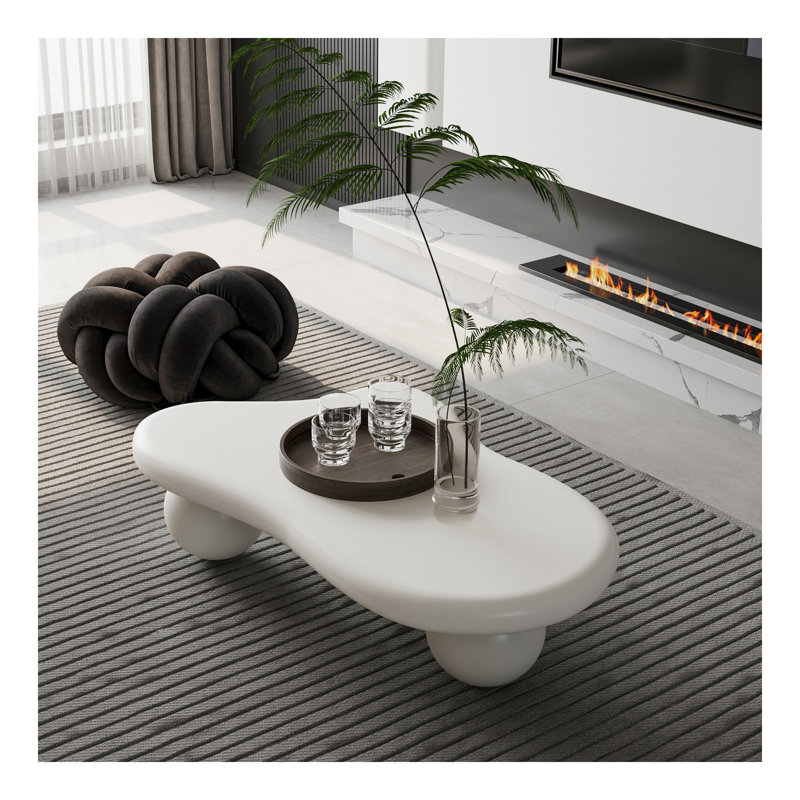 Table basse de 40 pouces en forme de nuage avec 3 pieds sphériques pour le salon, blanc crème, Blanc, crème, Blanc, crème