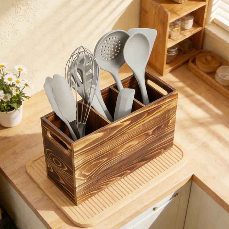 Boîte à ustensiles en bois 3 compartiments avec poignée, plateau de rangement en bois de pin 11,8 x 4,7 x 6,7 po