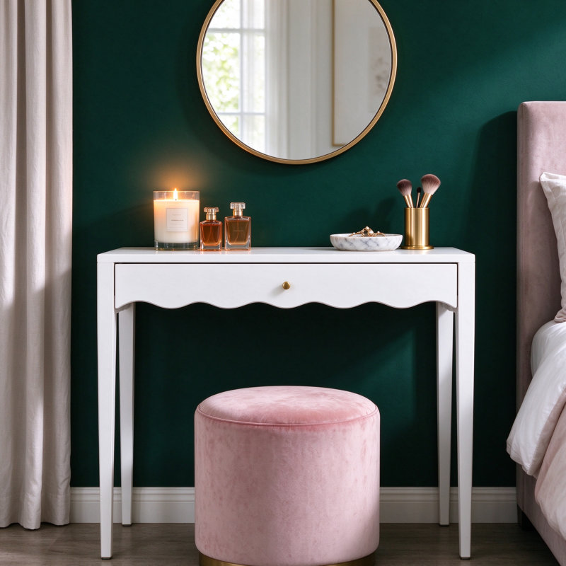 Table de coiffeuse avec tiroir, table de travail blanche 35,4 po / console festonnée pour entrée de chambre à coucher, poignée en laiton brossé