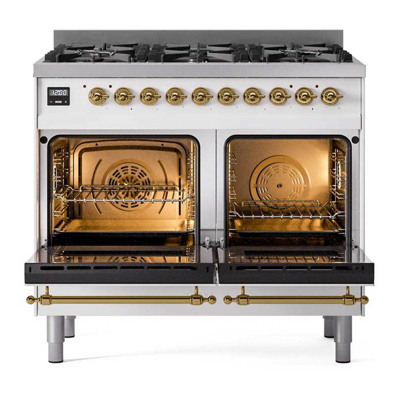 ILVE UPD406NMP Nostalgie II 40 inch Dual Fuel Range with 6 Total Black Brass Burners (Limited Edition), White, Natural Gas