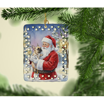 Ornement en forme de bouledogue français avec père Noël en porcelaine