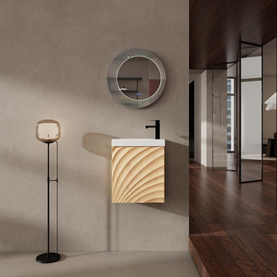 Meuble-lavabo mural 18,5 po avec lavabo en résine, porte simple à fermeture douce, panneau de fibres à densité moyenne, bois naturel (KD-Packing)