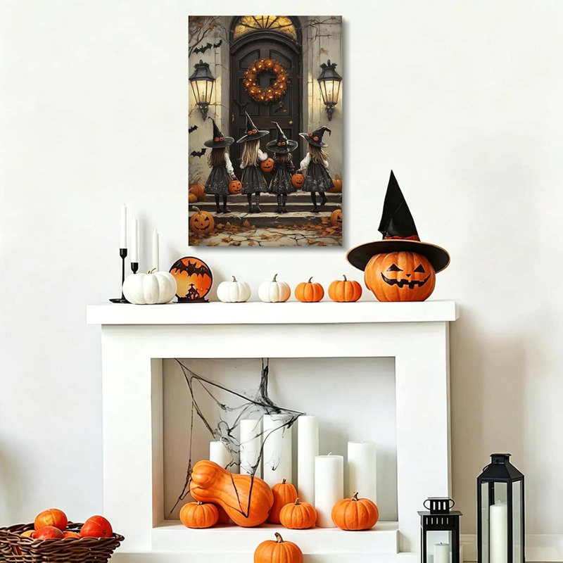 Halloween Canvas Wall Art Cute Little Witches Trick or Treat Decor 50x75cm, Black