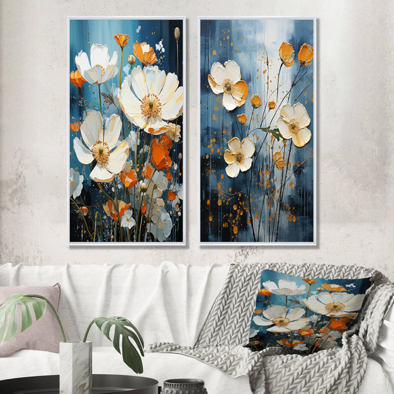 «Blue and White Buttercups Collage - Buttercups», ensemble de 2 reproductions d'art mural, Cadre flottant blanc