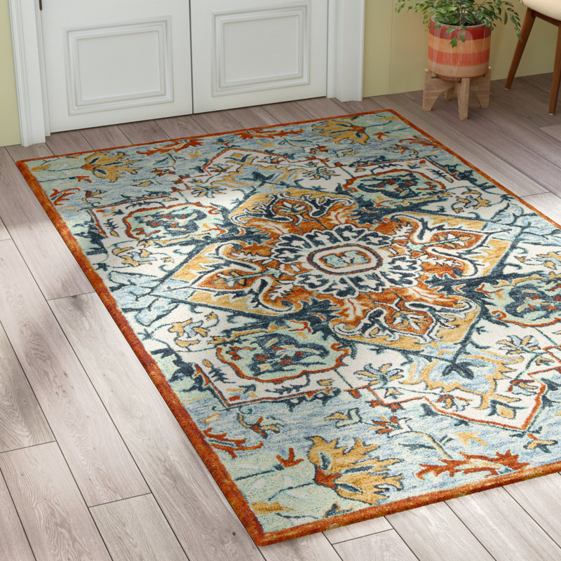 Vahakn Hand Tufted Wool/Cotton Southwestern Rug in Blue/Rust, Rectangle 4' x 6'