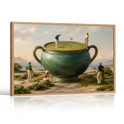 Mini-golfeurs jouant sur une toile murale géante turquoise