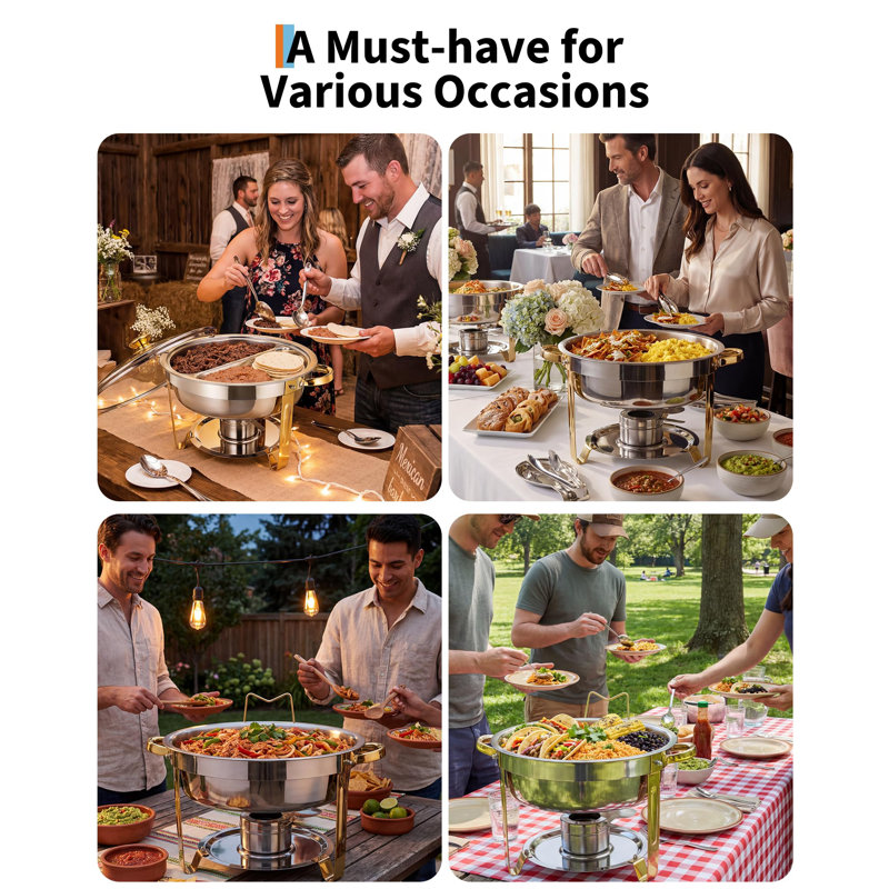 2-Pack 5QT Stainless Steel Round Chafing Dish Set, Buffet Food Warmer with Clear Lid & Fuel Holder, For Weddings, Catering & Home Dining (Gold)
