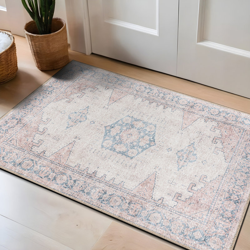 Labarbera Vintage Machine Washable Beige Non-Slip Backing Area Rug, Rectangle 2' x 3'