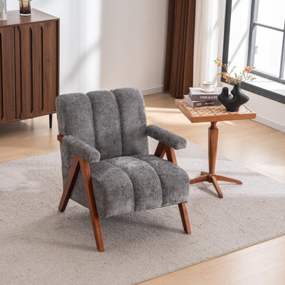  Mid Century Solid Wood Accent Chair Chenille Upholstered Armchair