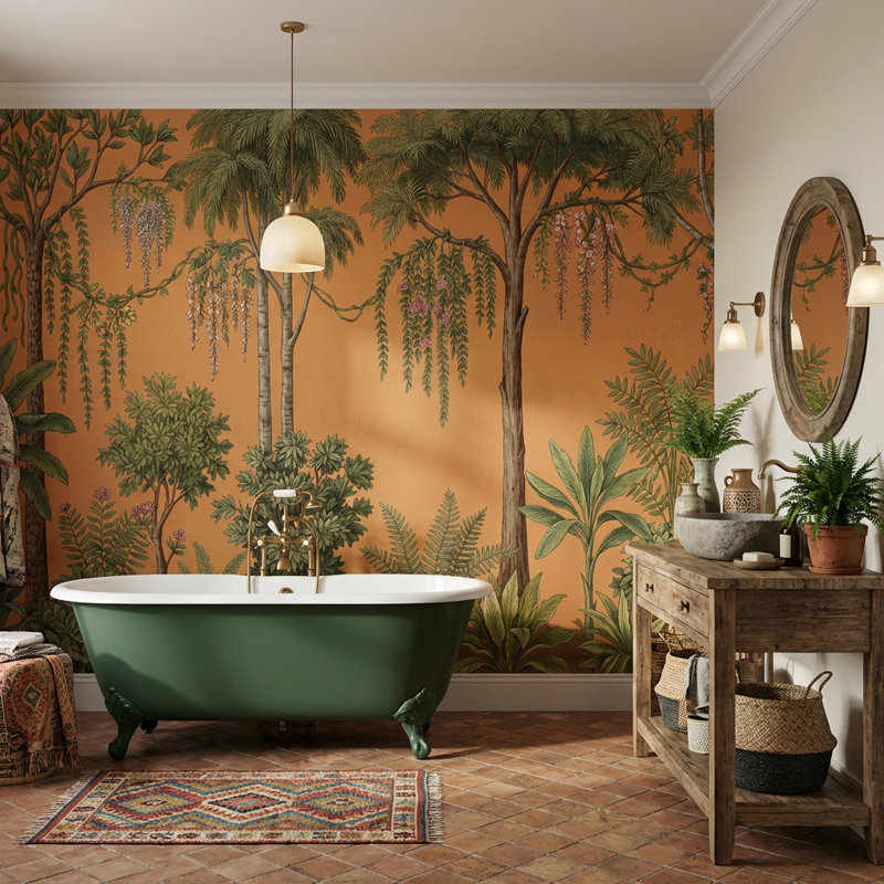 Papier peint botanique tropical fond terre cuite amovible palmiers, Non tissé, 120 po x 96 po