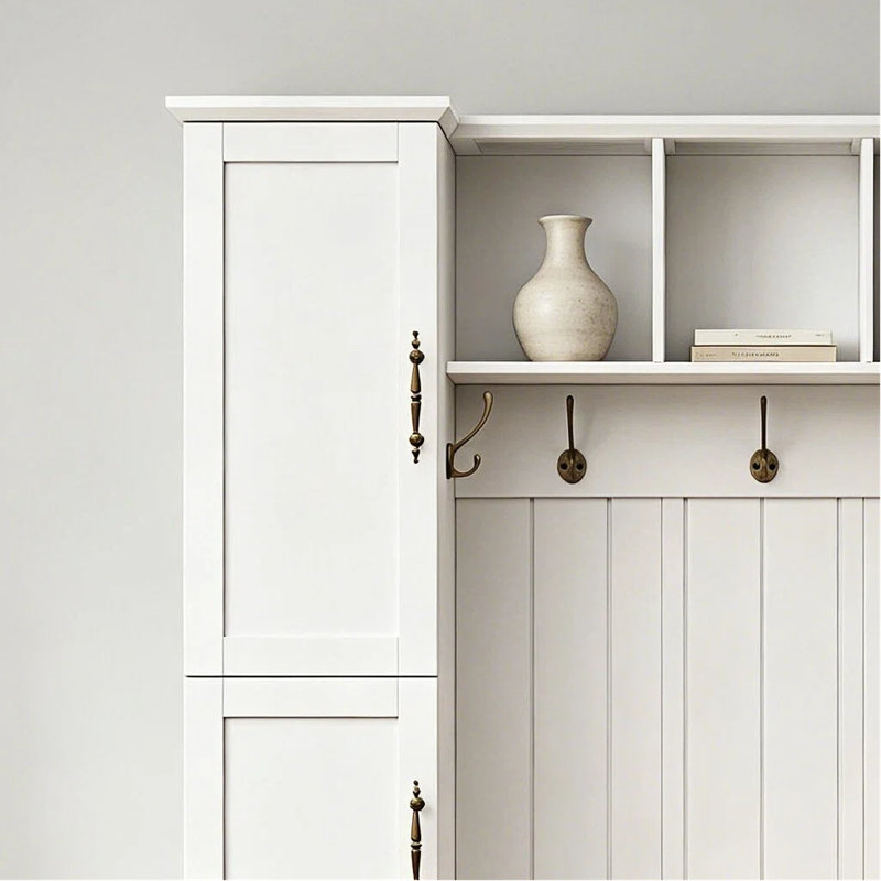 White Farmhouse Style Integrated Entrance Coat Rack With Side Cabinets, Shelves, Storage Compartments And Hooks, Suitable For Corridor Use