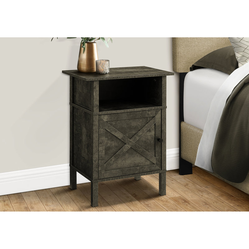 Table d'appoint pour petits salons, look transitionnel, stratifié bronze foncé, espaces compacts peu encombrants et faciles à assembler, rangement fermé à poignée en métal noir