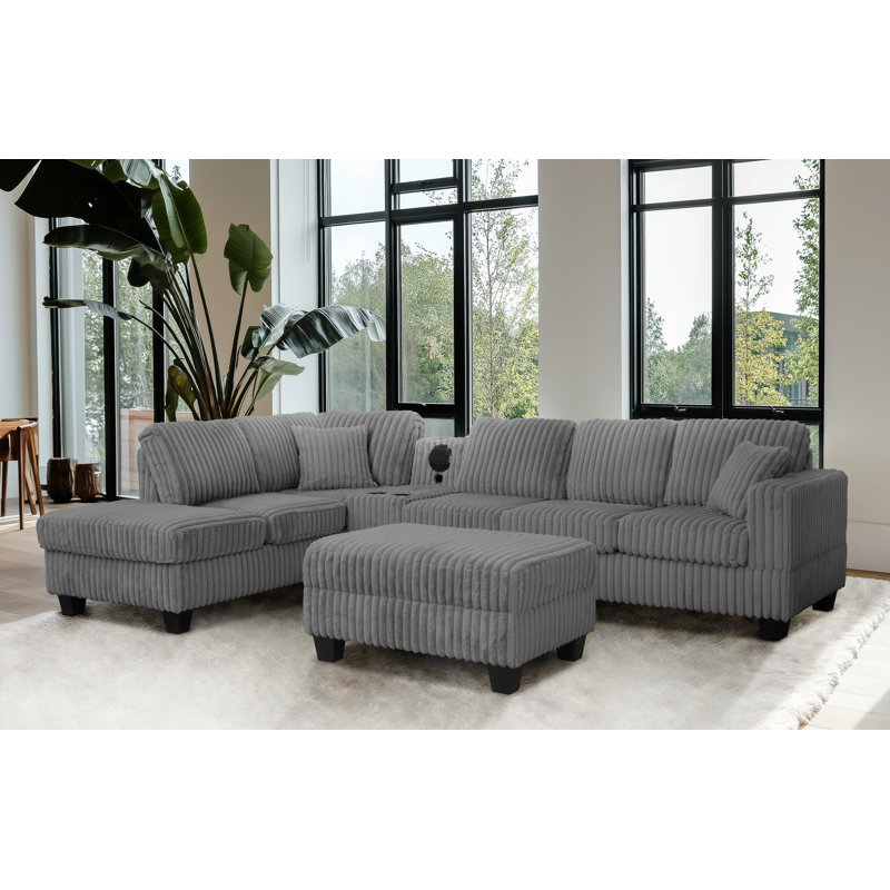 Vega Reversible Faux Fur Sectional with Media Console And Storage Ottoman, Grey Carduroy