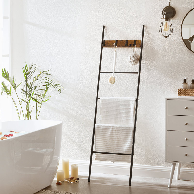 Leaning Display Ladder Shelf, Towel Rack, 5 Tiers, Steel Frame, 4 Hooks, Industrial Style