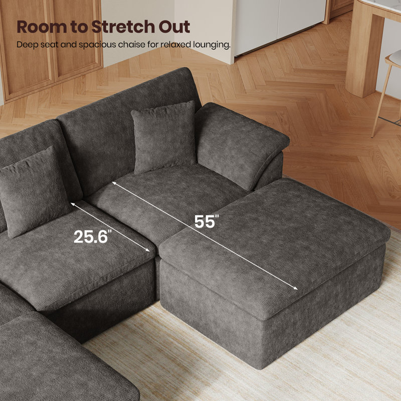 110.2" Modular Cloud Couch with Ottoman, U-Shaped Deep Seat Sofa for Living Room, No Assembly Required, Dark Gray