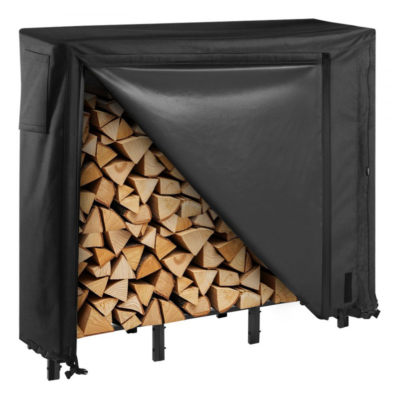 Support à bois de chauffage avec couvercle imperméable, support à bois d'extérieur de 4 pi, support à bûches en métal de 1/4 po, capacité de poids maximale de 400 lb, support de rangement en bois thermolaqué pour terrasse de foyer