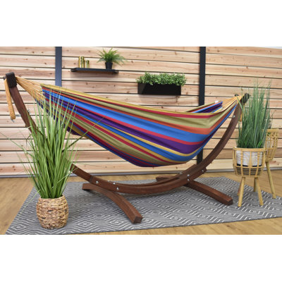 Vivere Holyoke Double Hammock with Solid Pine Arc Stand- Available in Sunbrella or Cotton