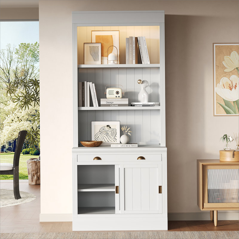 83.4"Tall Bookshelf Suite with LED Lighting, Modern Bookcase Suite with Sliding Doors,Drawers and Open Shelves,Storage Bookshelf for Living Room,Home Office,White