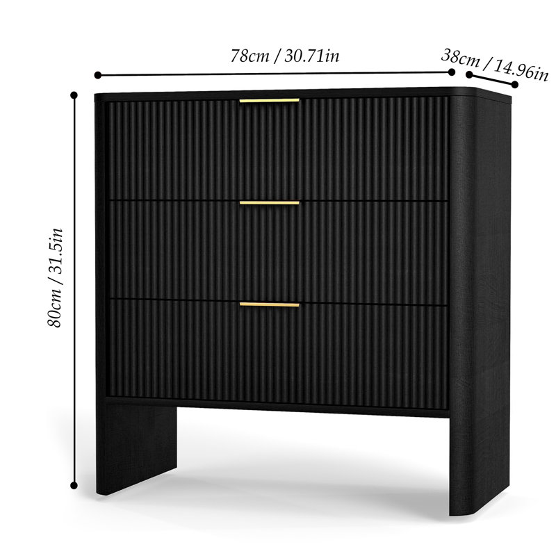 Storage Cabinet With Drawers, 30In Wooden Cabinet With 3 Drawers Wavy Pattern Modern Bedside Cupboard Dressing Table For Bedroom Living Room Hallway Black