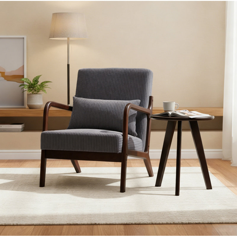 Chaise longue de style Mid-Century avec dossier rembourré et cadre en bois massif avec petit coussin et table d'appoint, Gris
