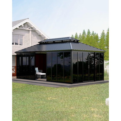 Pavillon de jardin 12 po x 20 pi avec toit rigide, portes coulissantes du sol au plafond et structure en alliage d'aluminium, véranda extérieure