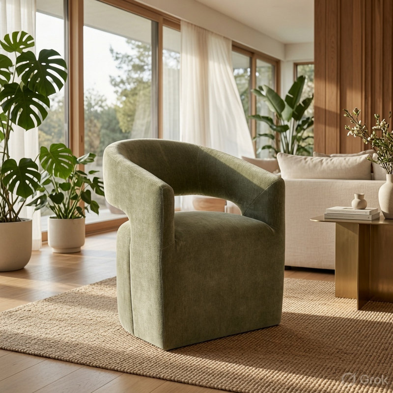 Fauteuil demi-tonneau avec roulettes Esha, Green Fabric