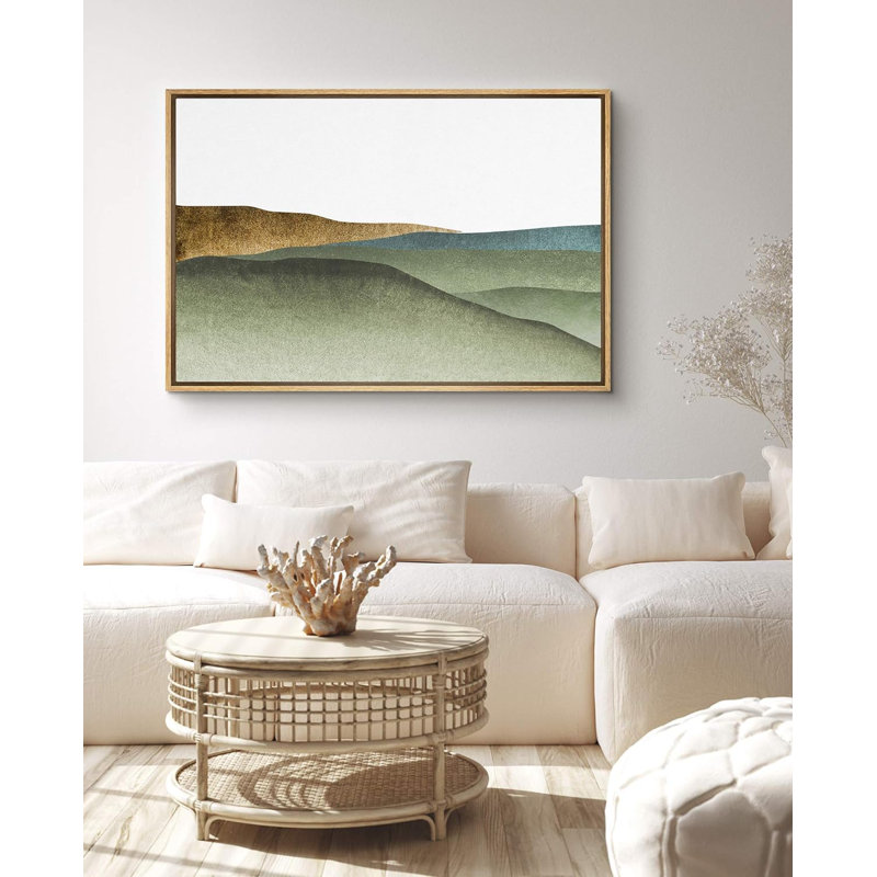 Paysage abstrait, montagnes dorées et vertes encadrées sur toile, Naturel, H 16 po x l 24 po x P 1,5 po
