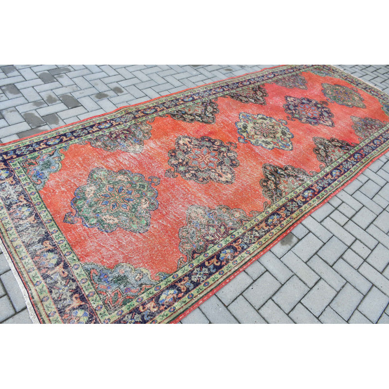 Tapis de couloir turc fait à la main en orange et bleu avec des motifs traditionnels pour le couloir