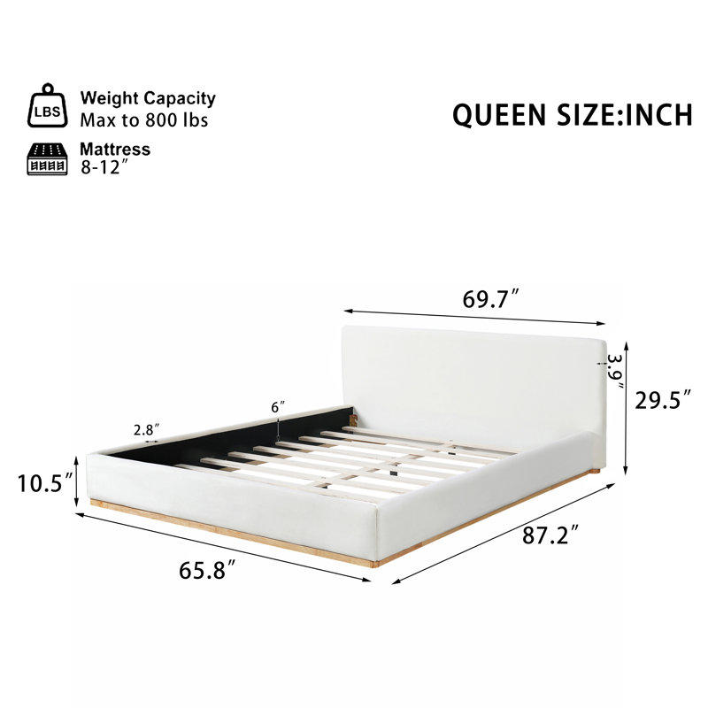 Élégant grand lit tapissier avec structure en bois massif, mobilier de chambre blanc moderne, confortable et durable