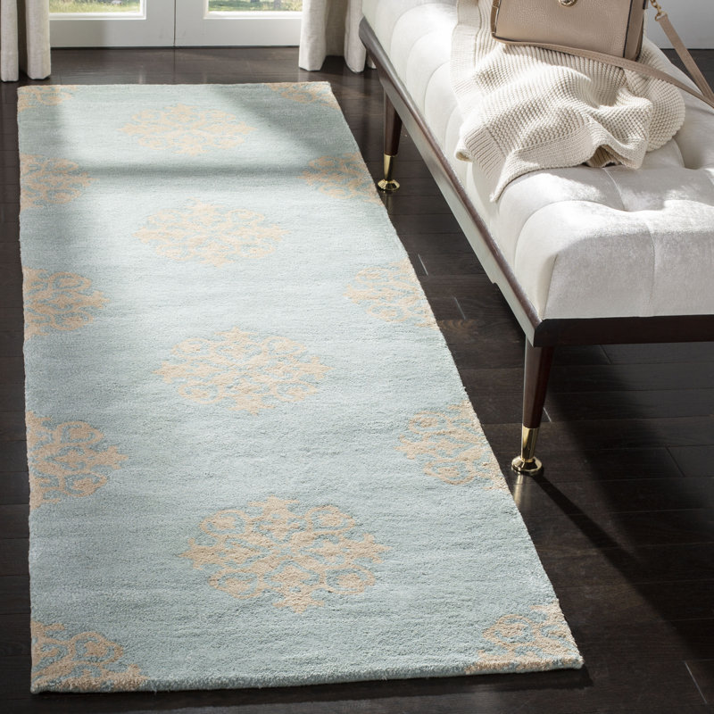 Tapis turquoise / jaune en laine / viscose touffeté à la main Steve, Tapis de couloir 2 pi 6 po x 8 pi