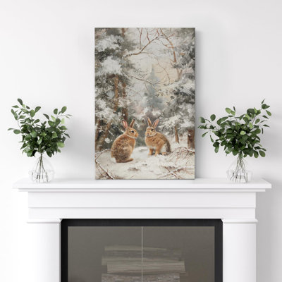Peaceful Winter Forest with Adorable Brown Rabbits in Snowy Landscape Illustration Modern Art Warm