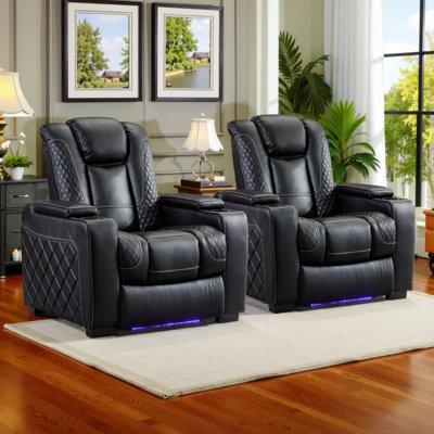 Siège de cinéma inclinable électrique en similicuir de luxe l 36,22 po Elanora avec éclairage à DEL et appui-tête réglable, rangement pour port USB et accoudoirs et deux porte-gobelets (ensemble de 2)