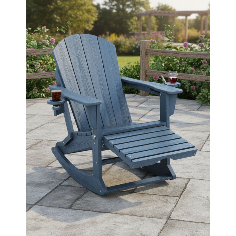 Multifunctional Adirondack Rocking Chair, Dark Blue, HDPE Material, Extendable Footstool, Cup Holder, Suitable For Balcony And Patio.