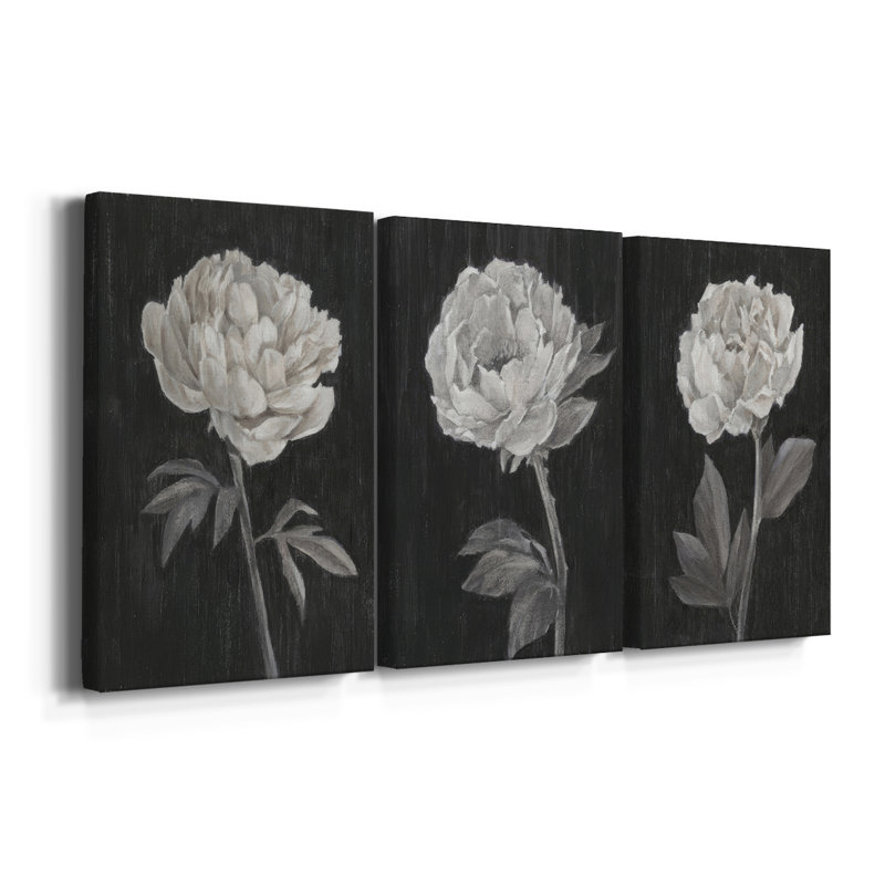 Fleurs noires et blanches I - Toile tendue avec châssis sur mesure - 3 pièces, 12" H x 24" W