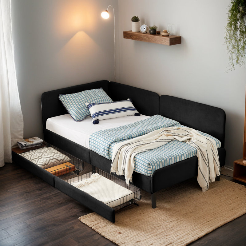77.5" Upholstered Daybed With 2 Storage Drawers, Upholstered Platform Bed Frame, Adjustable Velvet Sofa Bed, Twin, Black