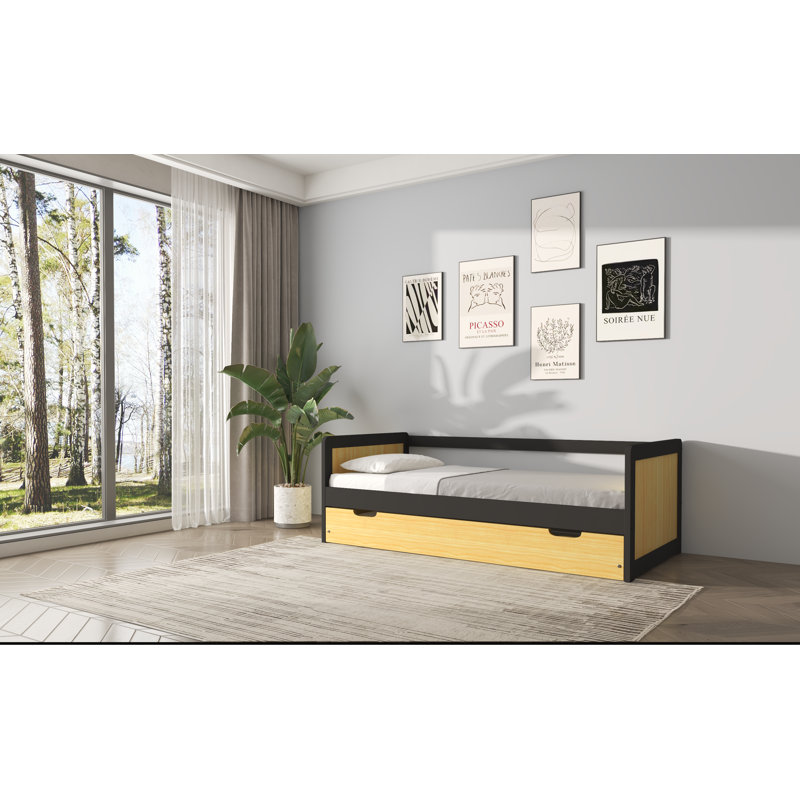 Lit de jour simple avec couchette coulissante, sans sommier tapissier, Noir / Beige