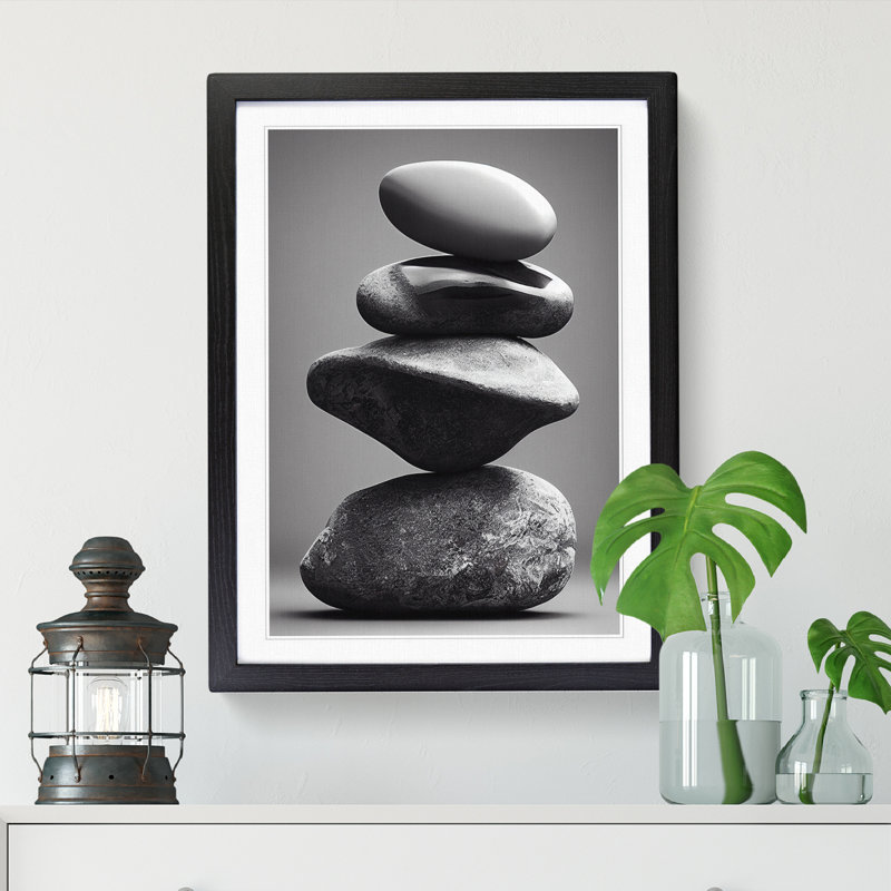 Pebbles Zen Stones Stacked Vol.1 - Single Picture Frame Print, Black, 64cm H x 46cm W x 2cm D