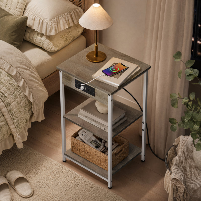 Carbin 22.8"H Tall Nightstand with Power Outlets & USB for Bedroom, End Table with 3-Tier Adjustable Shelf, Farmhouse Side Table for Small Spaces, Couch Table For Living Room