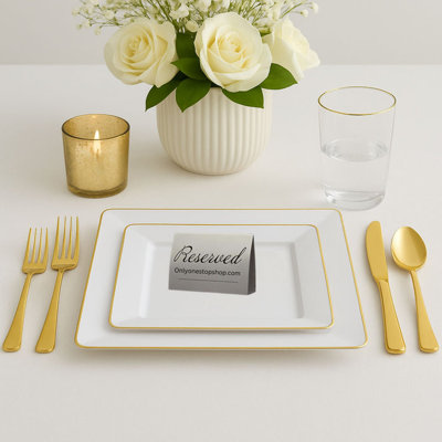 COMBO SET The Edge Collection 10.75inches & 7.75inches Square White With Gold Rim Plastic Dinnerware