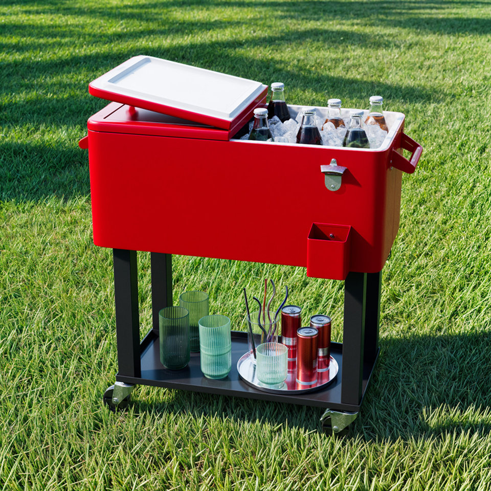 Red rolling patio cooler filled with ice and drinks