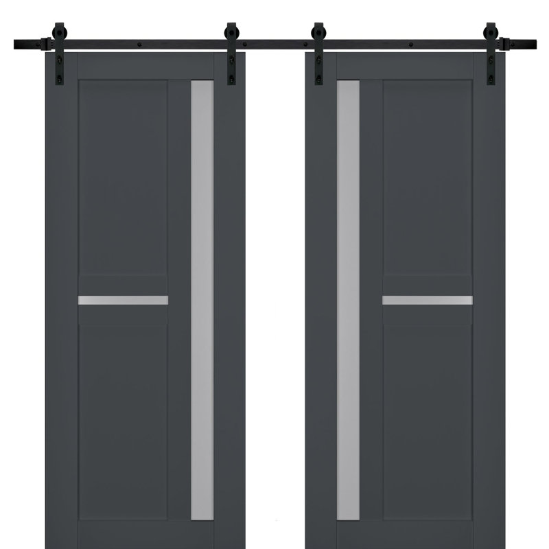 Porte de grange double robuste avec verre dépoli Veregio 7288 Anthracite, supports de rail de 13 pi, portes intérieures à panneaux pleins et lourds - 64 po x 84 po (2 x 32 x 84 po) - Rail noir