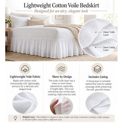 Greenland Home Fashions Cotton Voile Bed Skirt Queen 60x80+15 White 15" Drop Sheer Lined Gathered