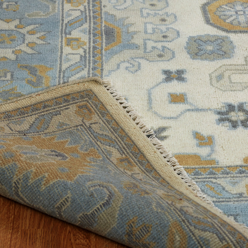 Hand Knotted Wool Ivory/Blue Area Rug, Rectangle 8'6" x 11'6", Blue