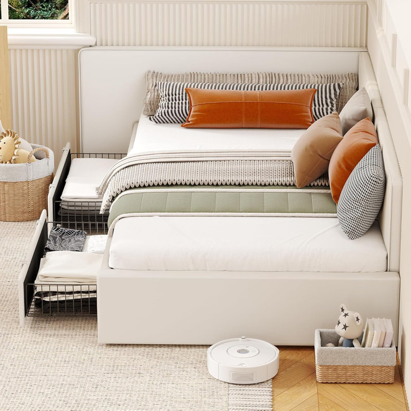 Lit de jour simple avec tiroirs de rangement, lit d'angle rembourré en velours, chambre d'enfant, beige, Beige