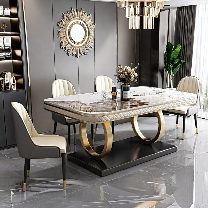 Ensemble de table de salle à manger rectangulaire de luxe de style italien, Blanc / gris, H 30,3 po x L 70,9 po x l 35,4 po