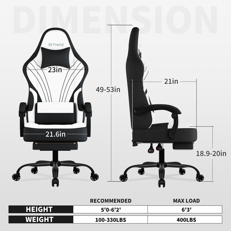 Fabric Gaming Chair with Footrest&Lumbar Support, Ergonomic High-Back, White